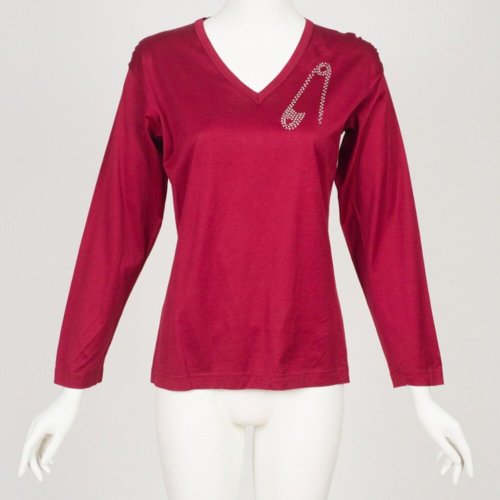 Emanuel Ungaro 1980s Vintage Rhinestone Safety Pin Burgundy Cotton Jersey V-Neck
